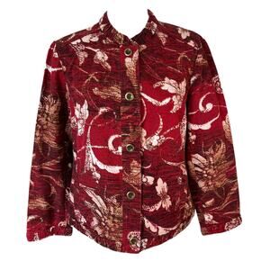 Chico’s Jacket Women Sz 2 Large Red Twill Floral Button Up Artsy Mandarin Collar
